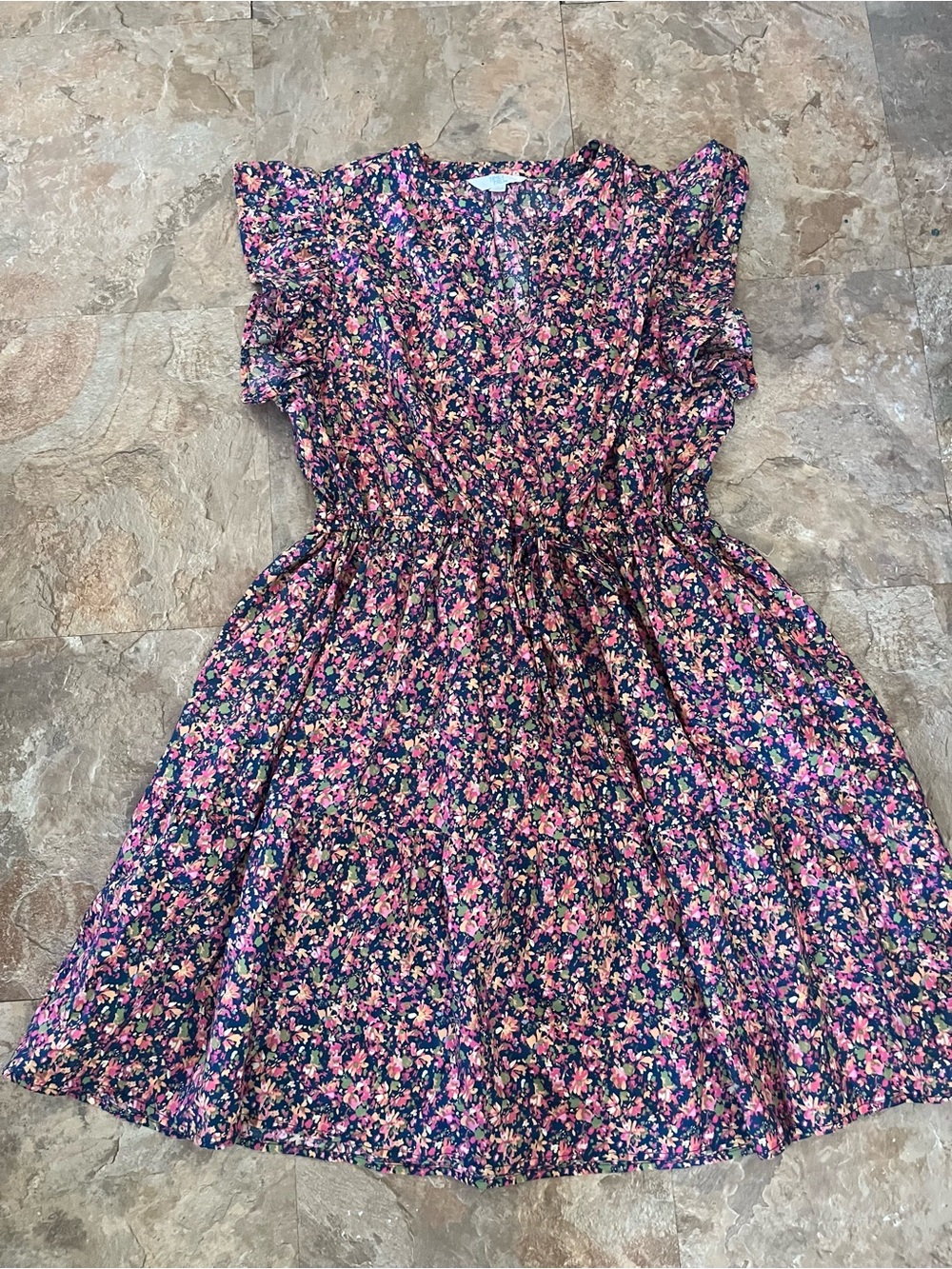 Time and Tru Pink and Navy Floral Ruffle-Sleeve Dress